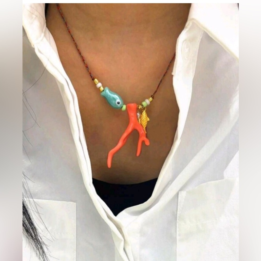 NEW! Bohemian Handmade Coral Branch Pendant Cord Necklace with Gold Accent.